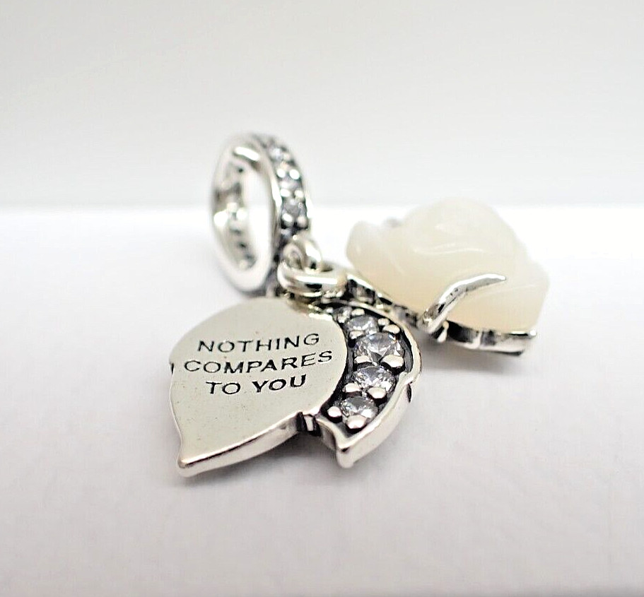 Authentic Pandora #793200C01 White Rose in Bloom Double Dangle Charm