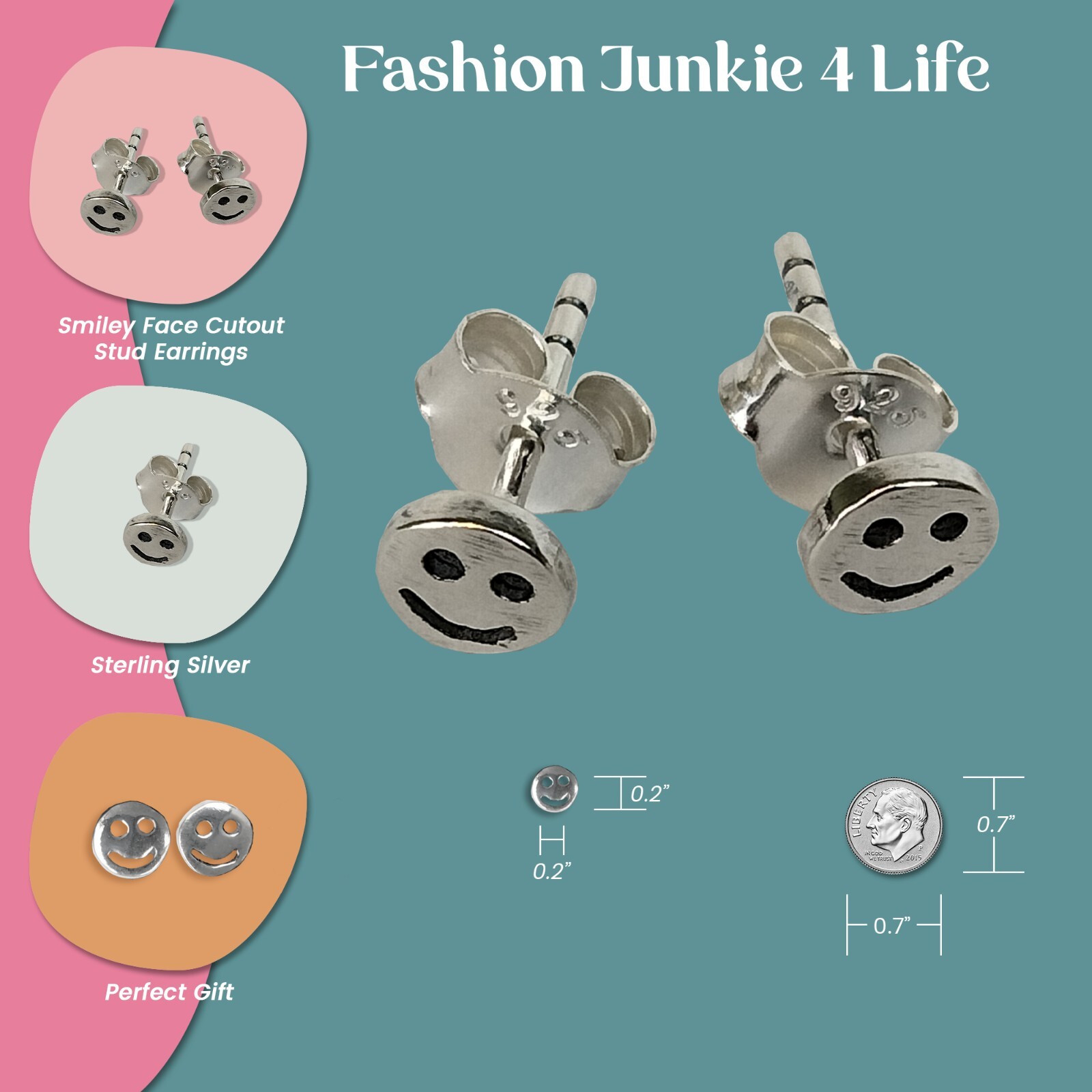 FashionJunkie4Life Sterling Silver Smiley Face Stud Earrings with Butterfly Back