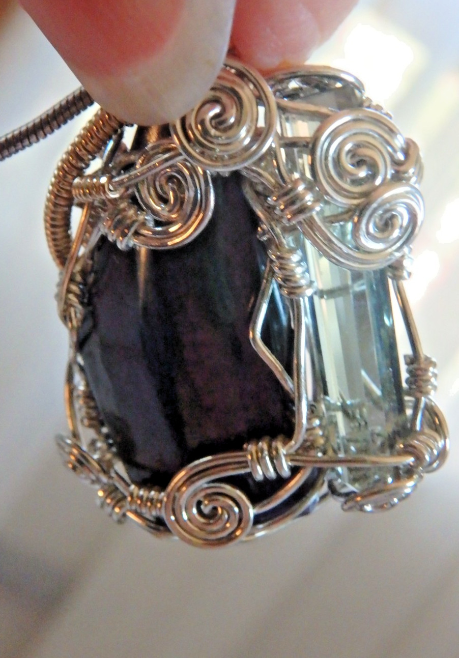 Pendant Rare Sugilite & Aqua Sterling Wire Wrapped 10.4 grams