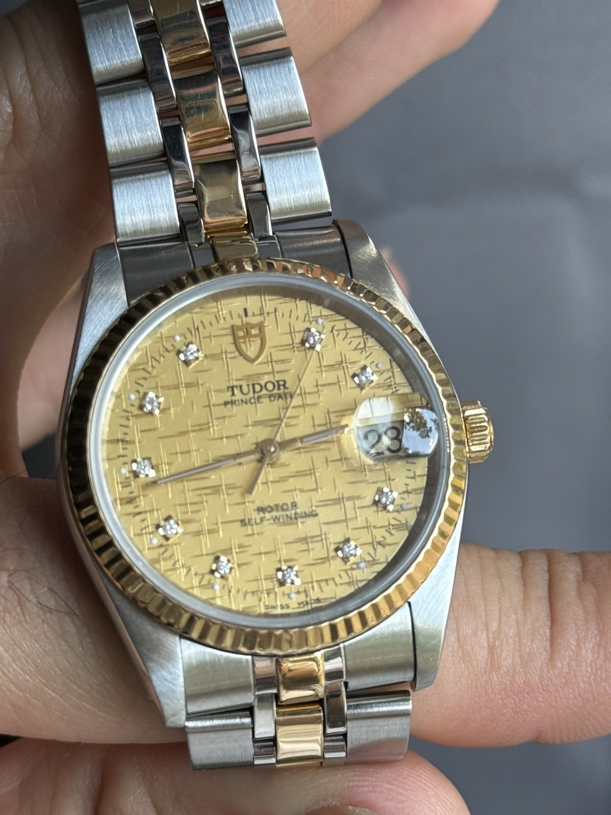 Tudor Prince Date 18K Gold & SS Gold Linen Diamond Dial Auto Watch 74033 w/ B&P