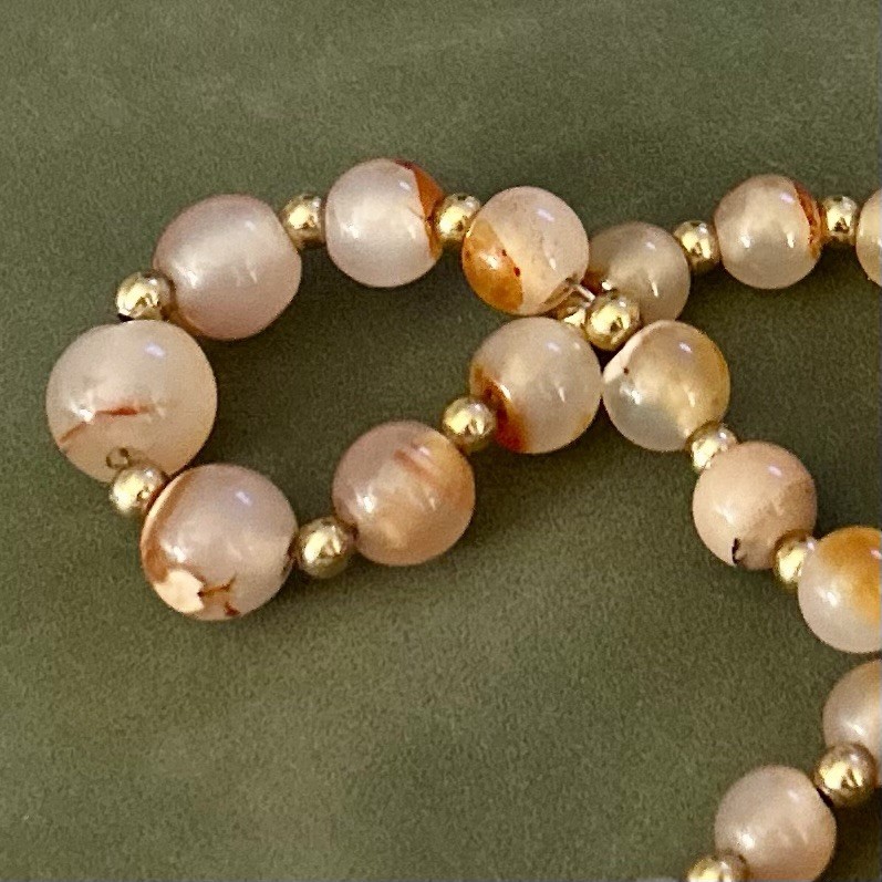 Cherry Blossom Agate Hand Made Beaded Necklace with Gold-Toned Spacers 18”