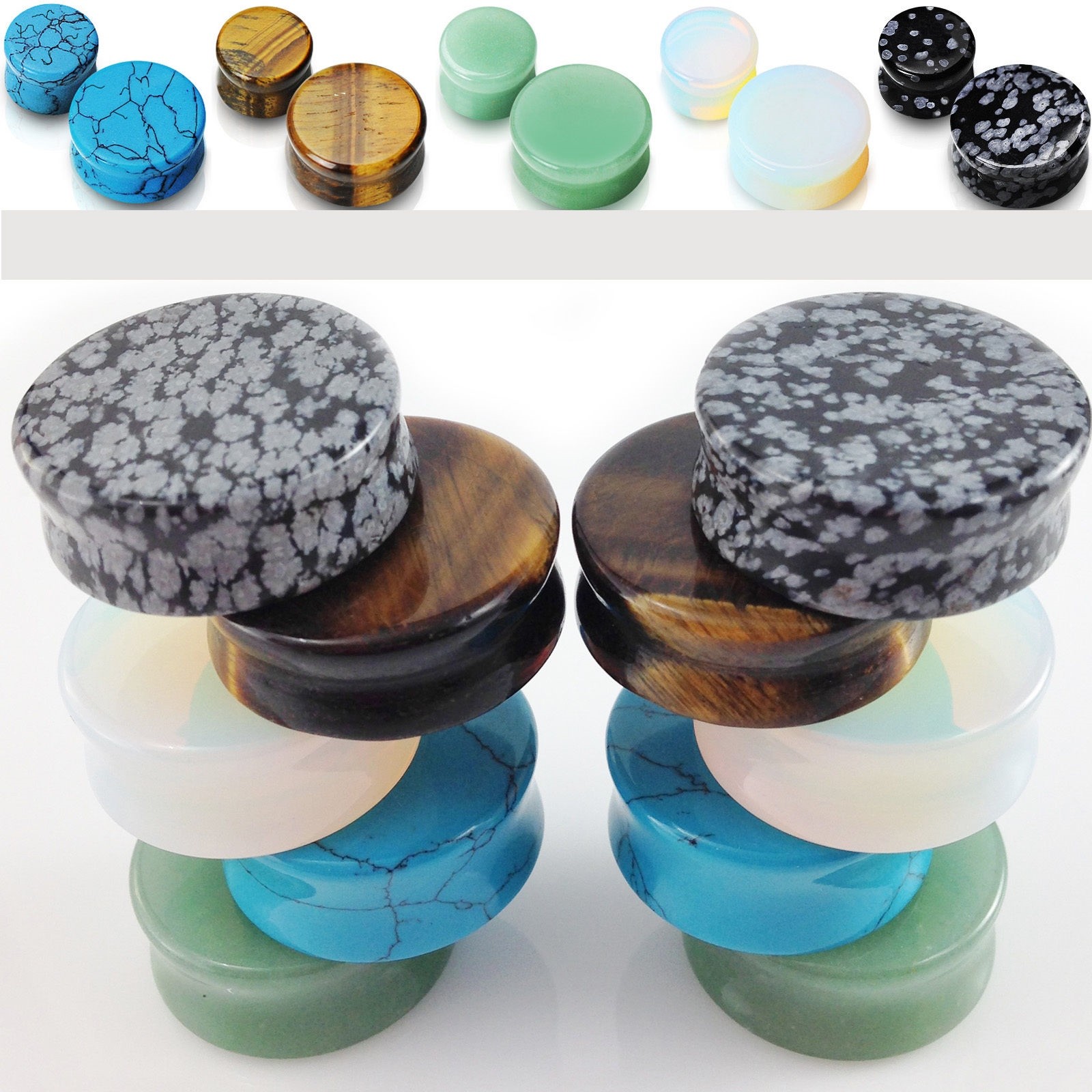3 PAIRS Semi Precious Stones ~ Opalite Jade Turquoise Obsidian Tiger’s Eye PLUGS
