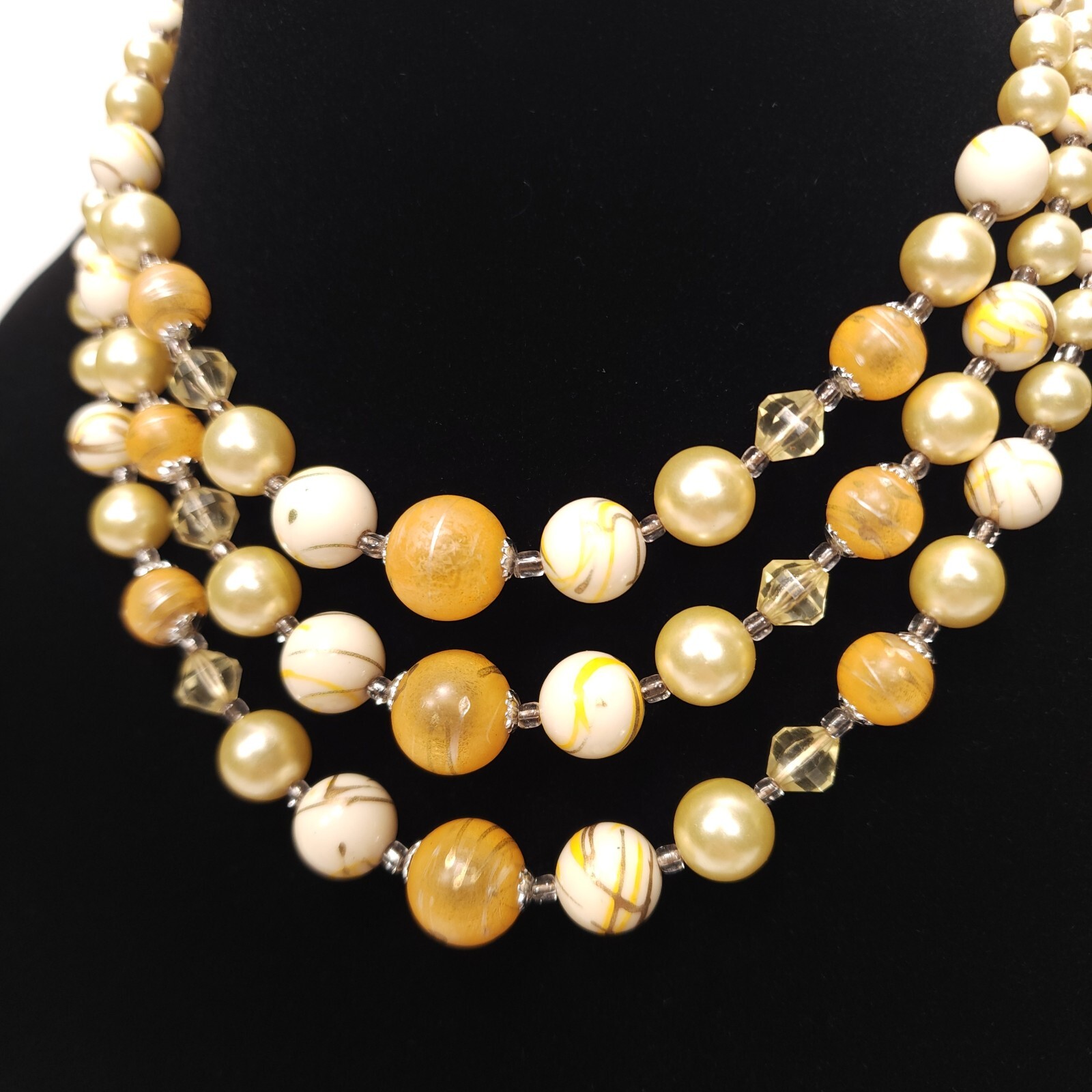 Vintage Beaded Necklace Japan Orange Cream Champagne Swirl Multi Strand Collar