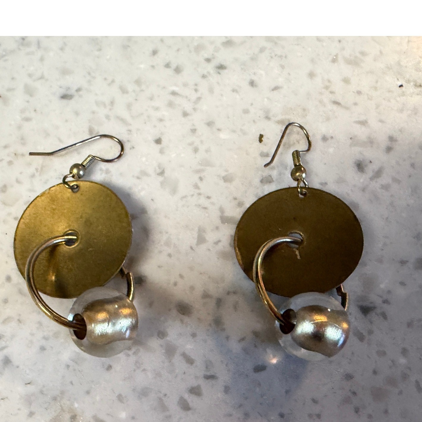 vintage 90s Mixed Media Dangle Earrings Gold Tone Textured Disc Bead Boho