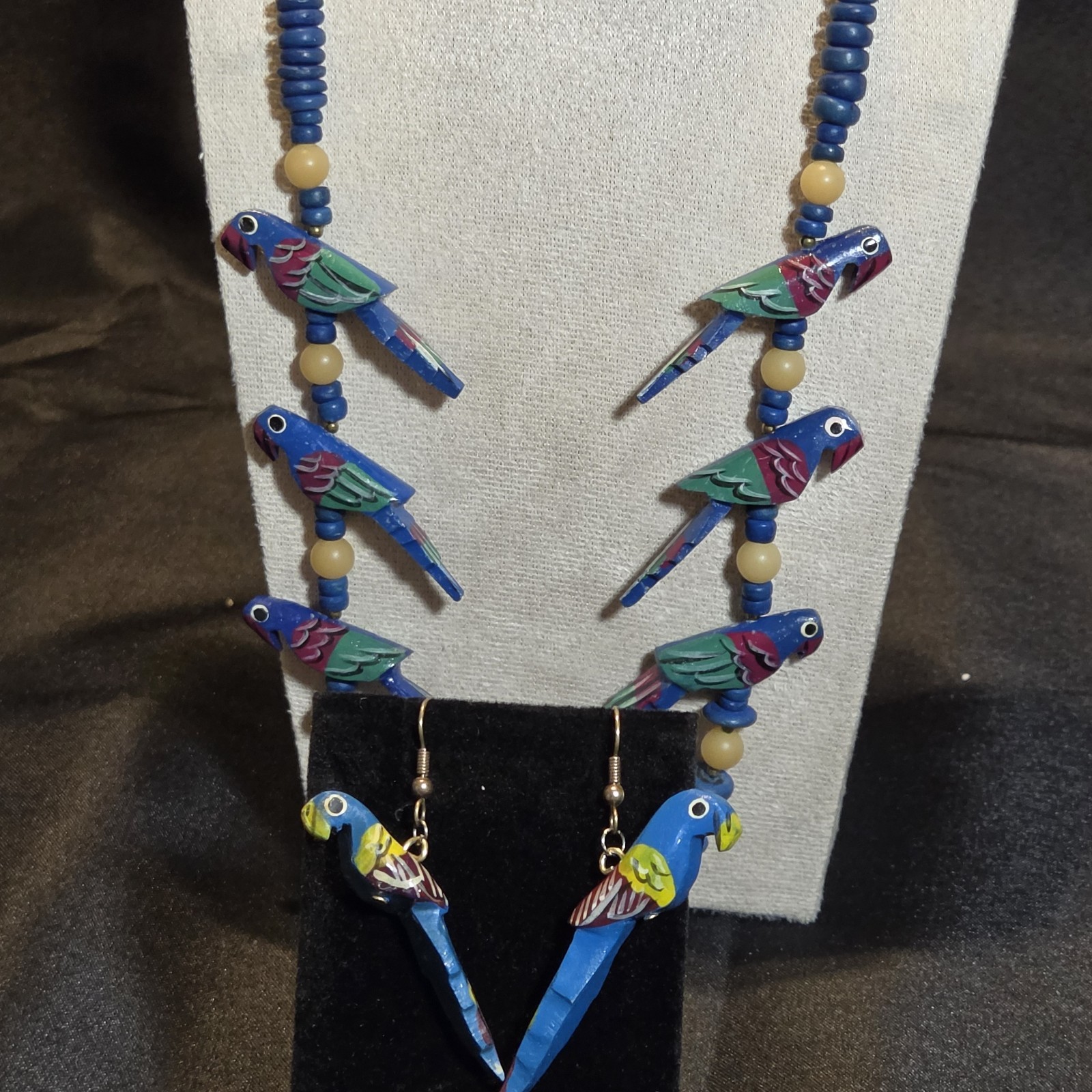 Colorful Parrot Necklace & Earrings Set With Handcrafted Wooden Birds Design.