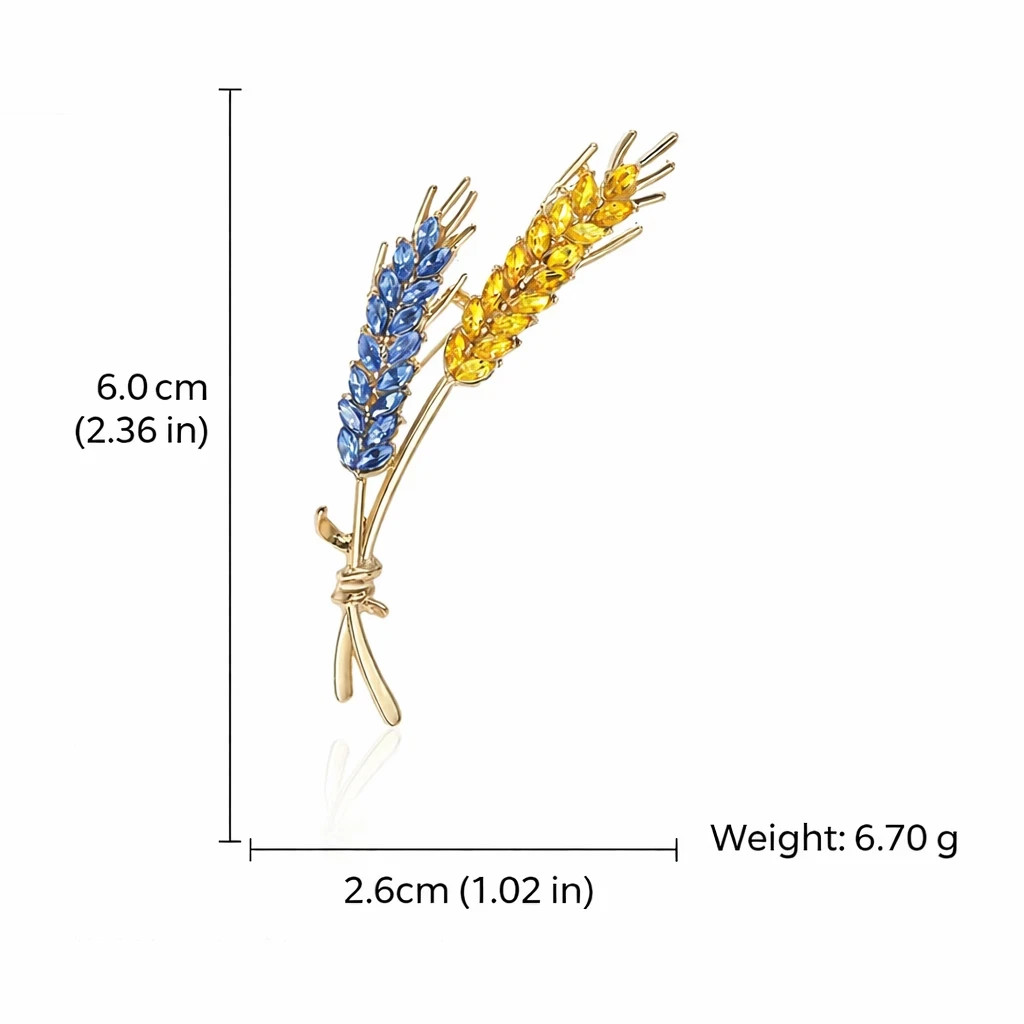 Wheat Brooch Pin Gold Tone Blue Yellow Crystal Rhinestone Ukrainian Style Jewelr