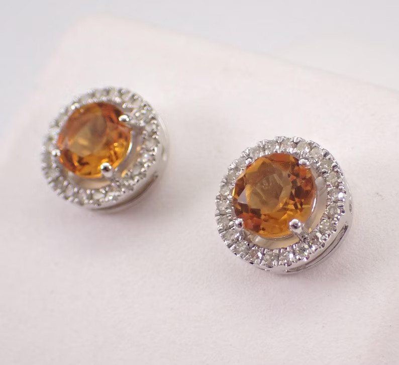 1.60Ct Round Cut Lab-Created Citrine Women’s Stud Earrings 14K White Gold Plated