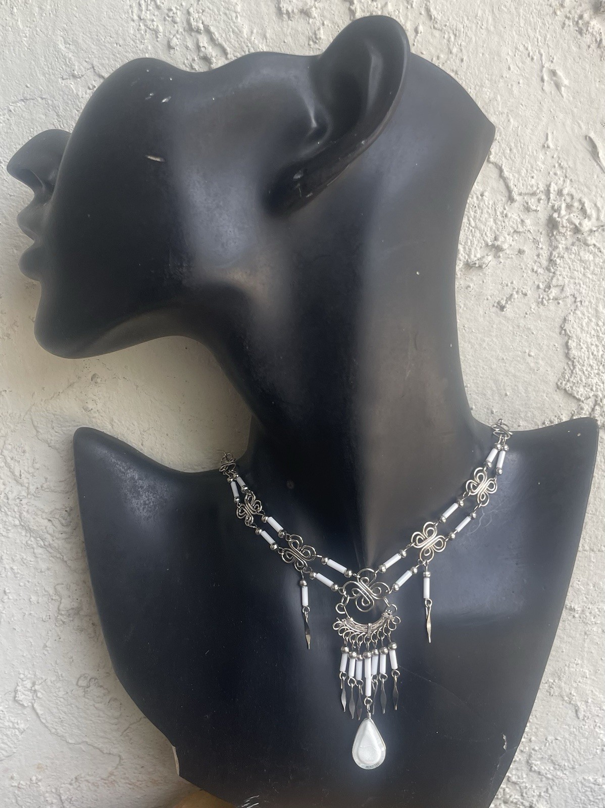Peruvian White Glass Teardrop Necklace White Bugles Handmade Alpaca Silver Peru