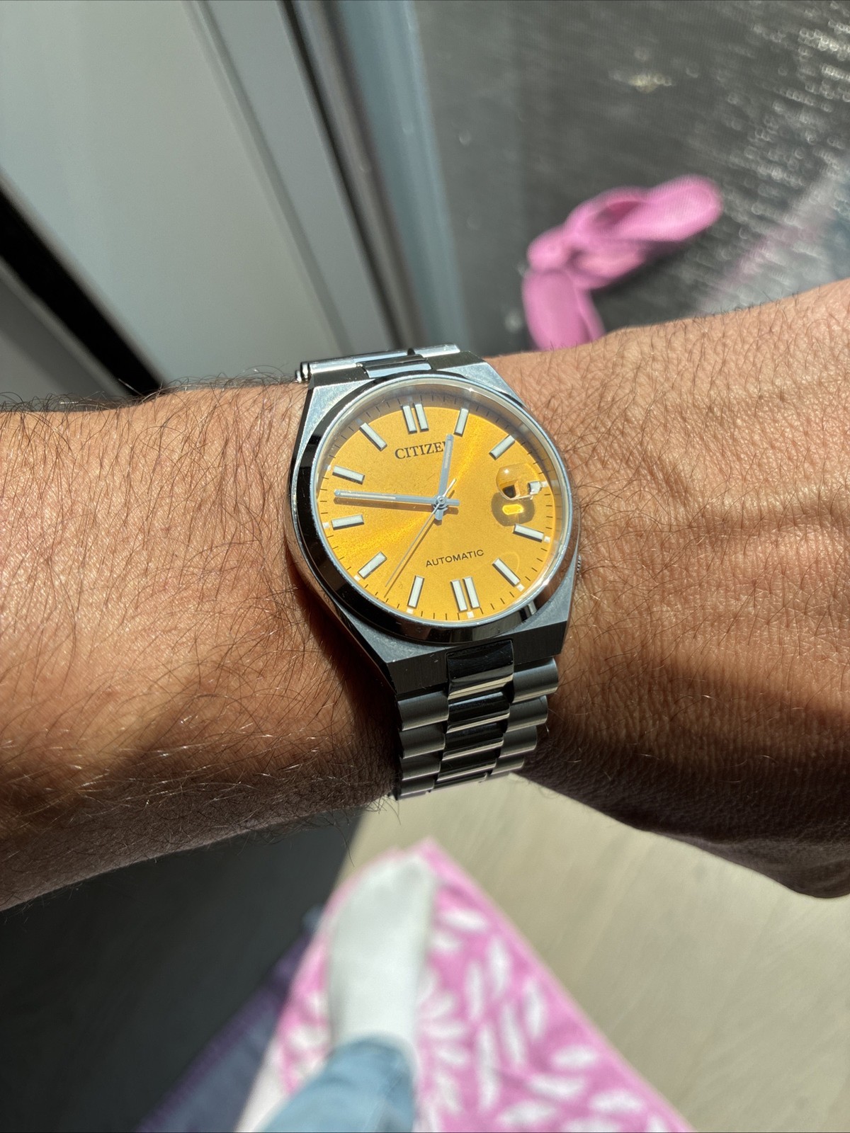 Citizen Men’s Tsuyosa Automatic Sunray Yellow Dial Watch – NJ0150-56Z + Strap