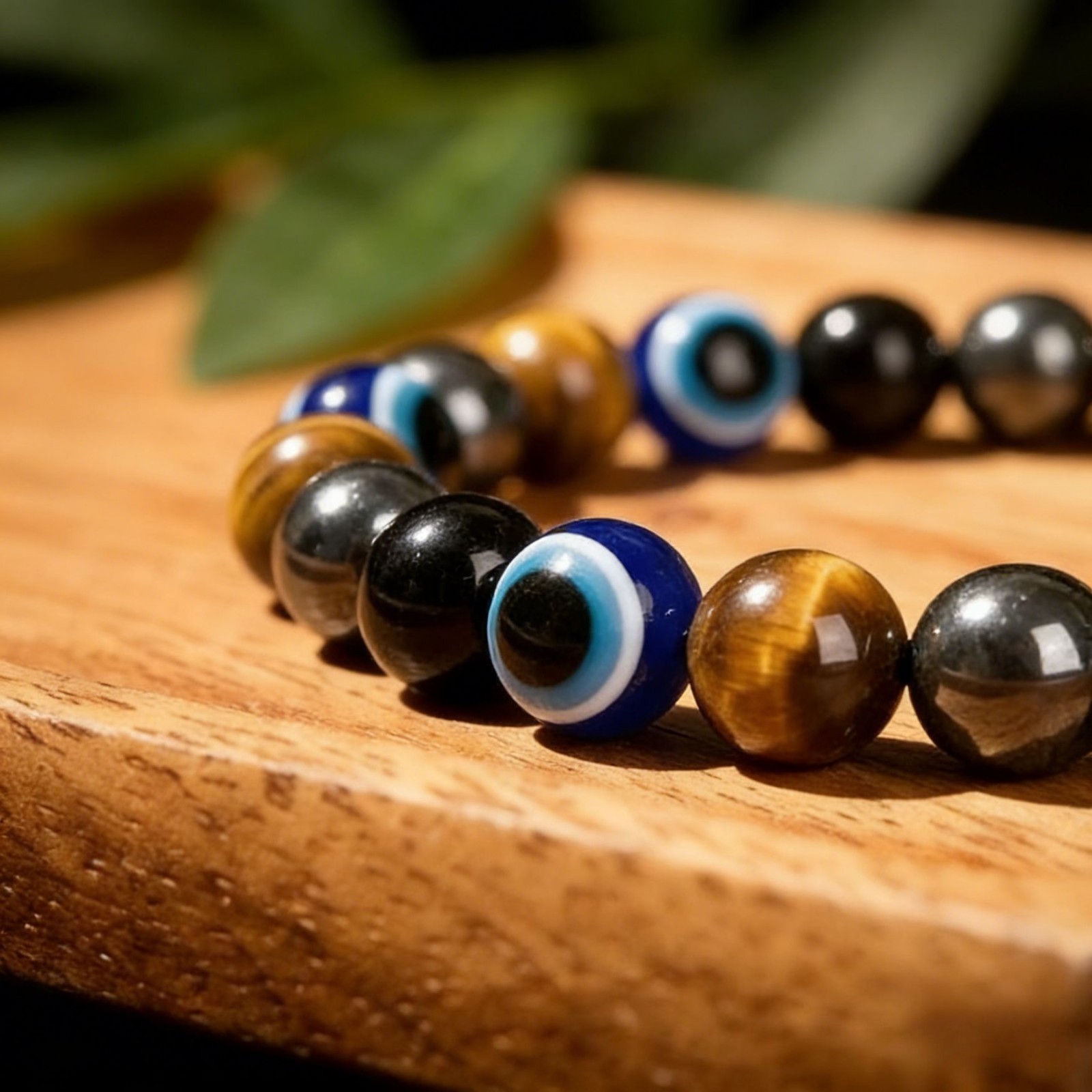 Triple Protection Evil Eye Bracelet 8mm Tiger Eye Black Obsidian Hematite Beads