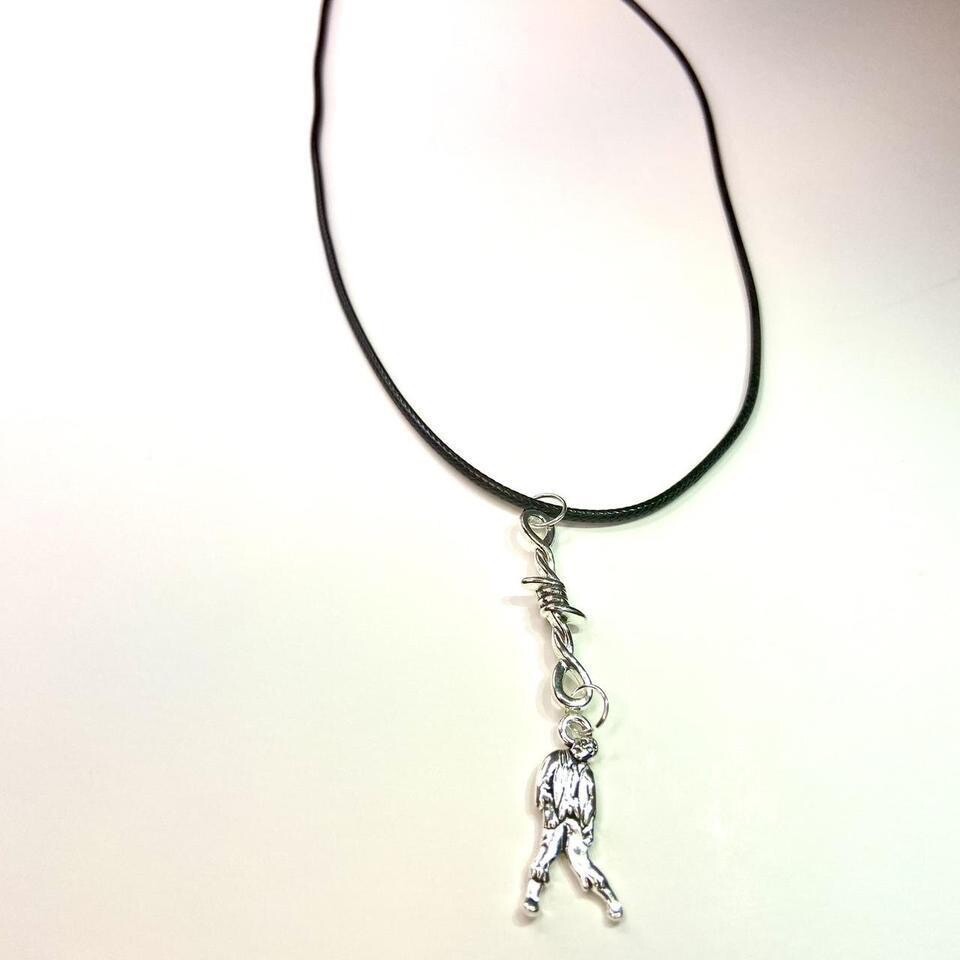 Y2K Gothic Punk PU leather Necklace , Wire with hanging man zombie pendants