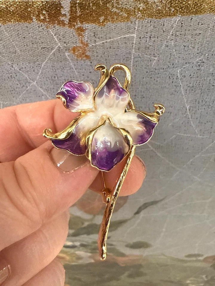 New Orchid Enamel Flower Brooch, 2.28-Inch, 14K Gold‑Plated Pin