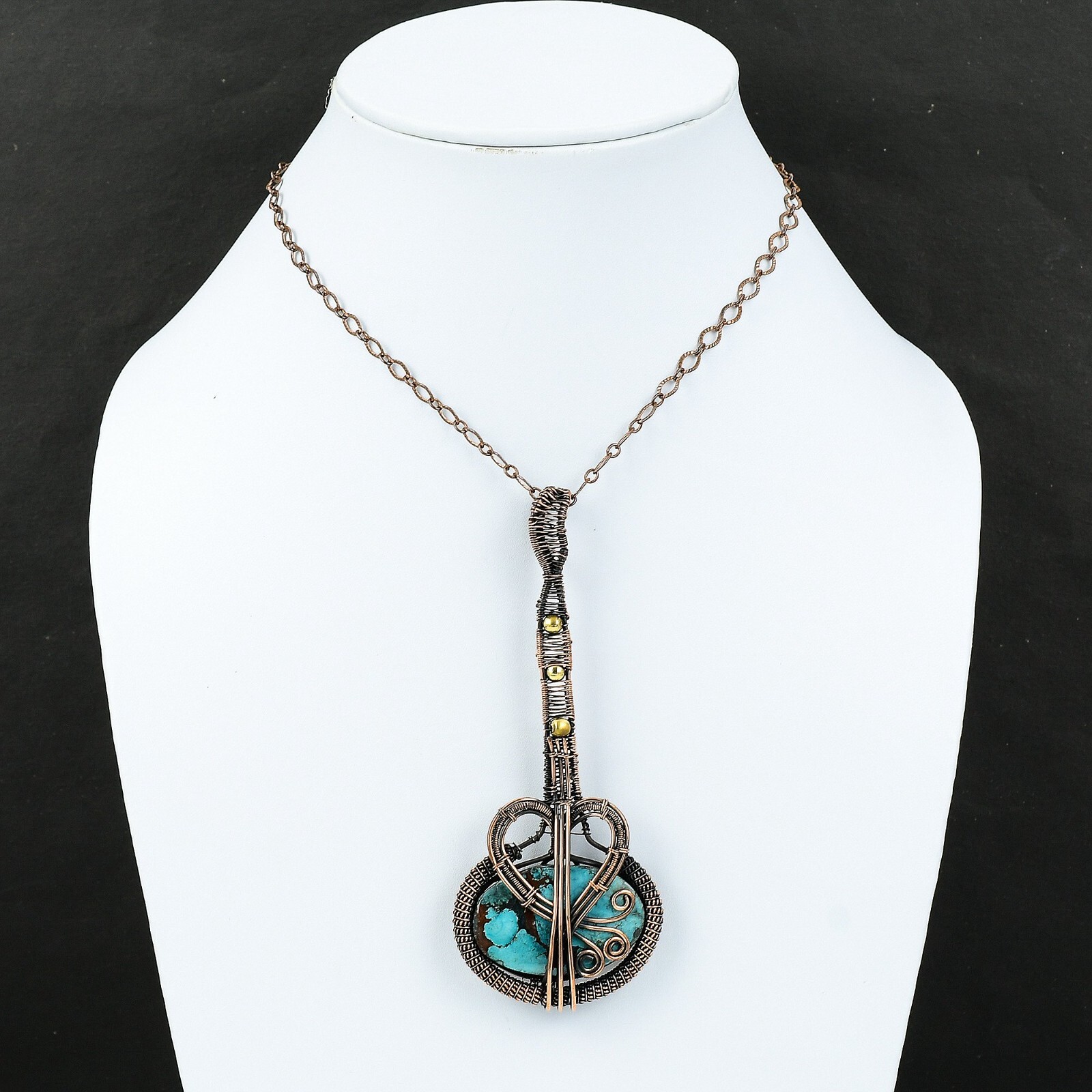 Copper Natural Tibetan Turquoise No Stone Wire Wrapped Guitar Pendant Jewelry
