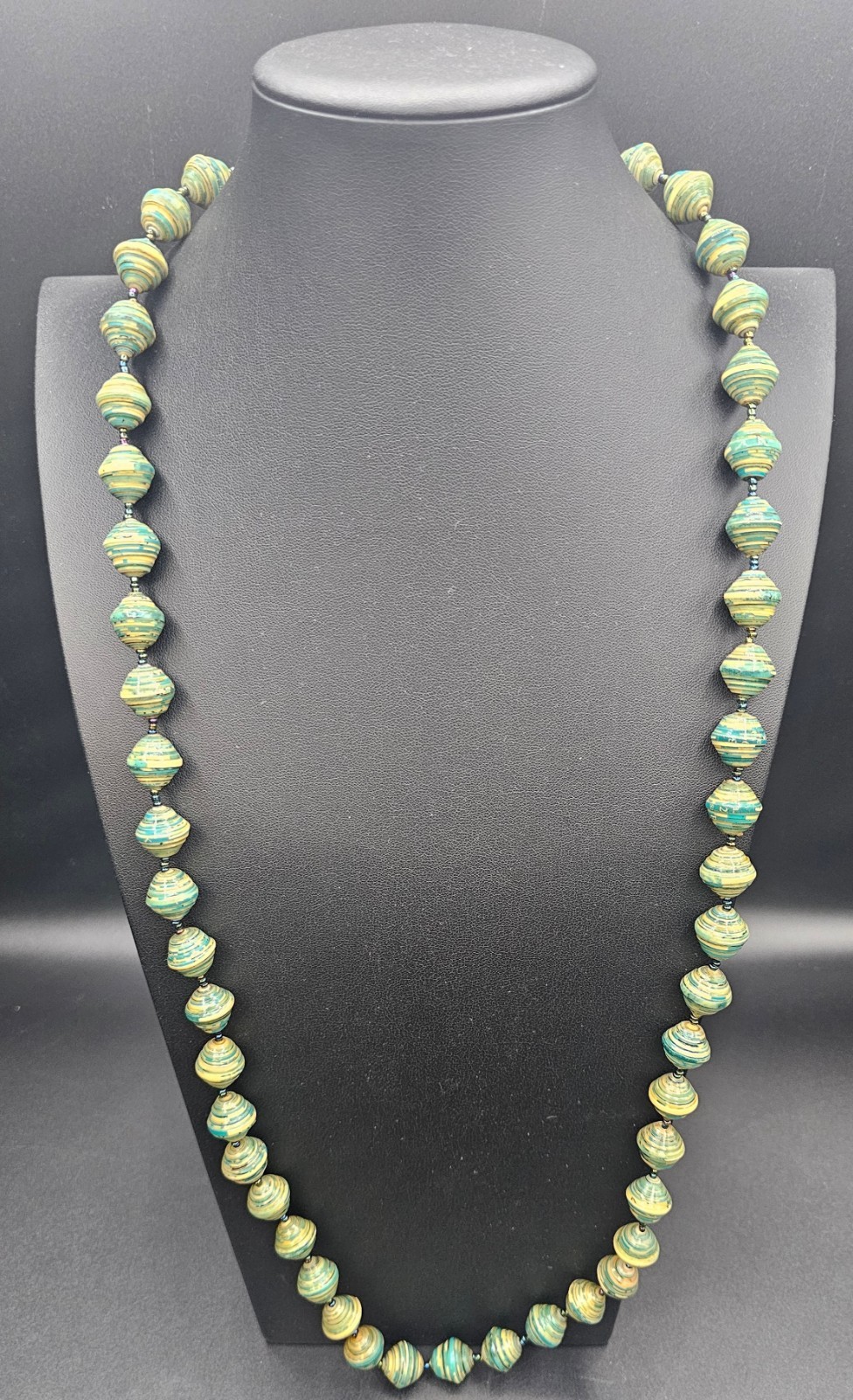Handmade Recycled Paper Bead Strand Necklace Teal Tan Artisan Boho