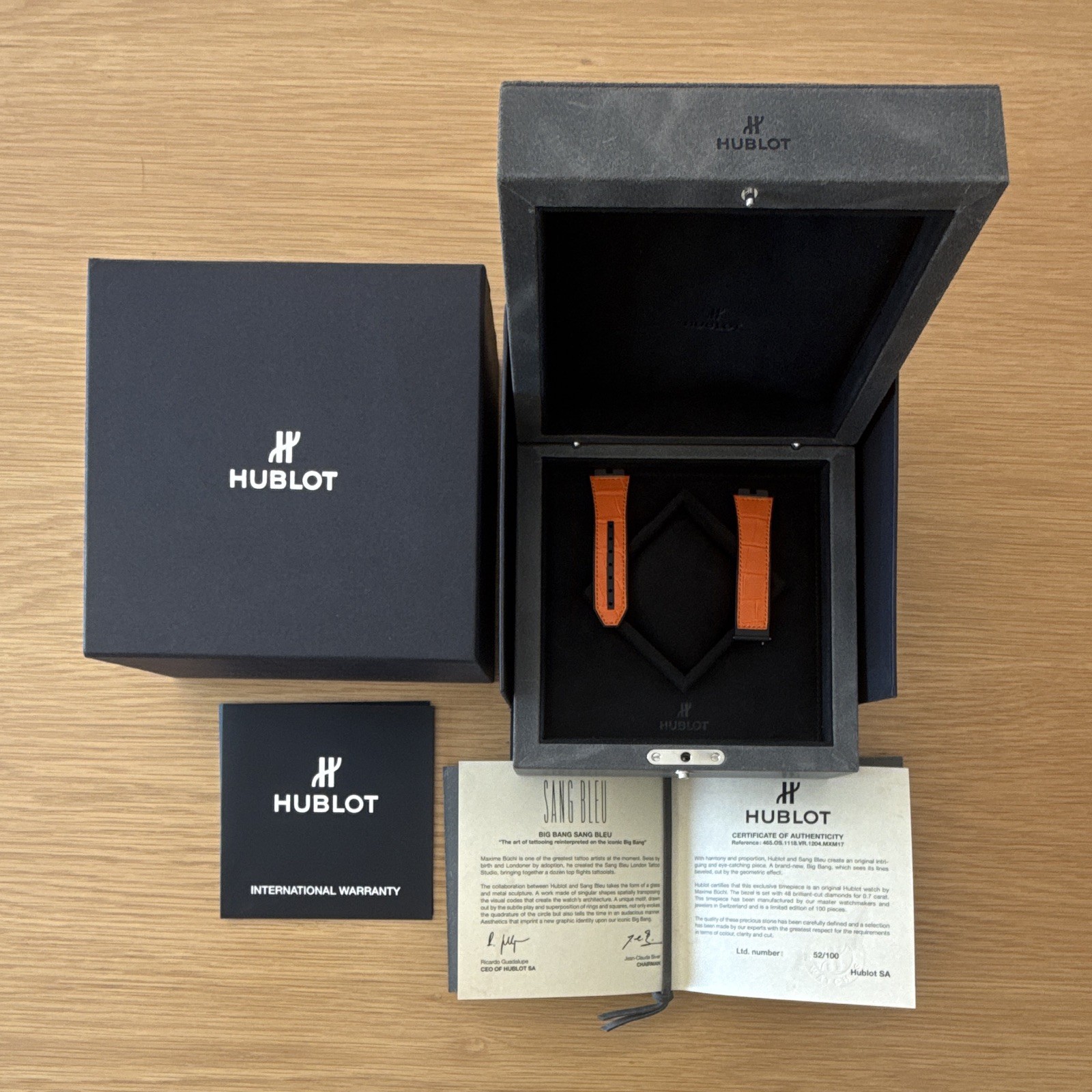 HUBLOT Grey Suede Collector Watch Case w/ Croc Strap & Original Papers
