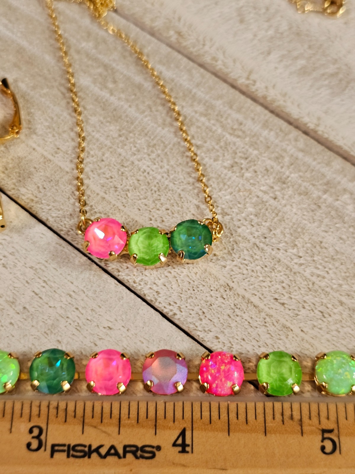 B1-22 Watermelon Mojito Pink Lime Crystal Earrings Cup chain 3pc Jewelry Set