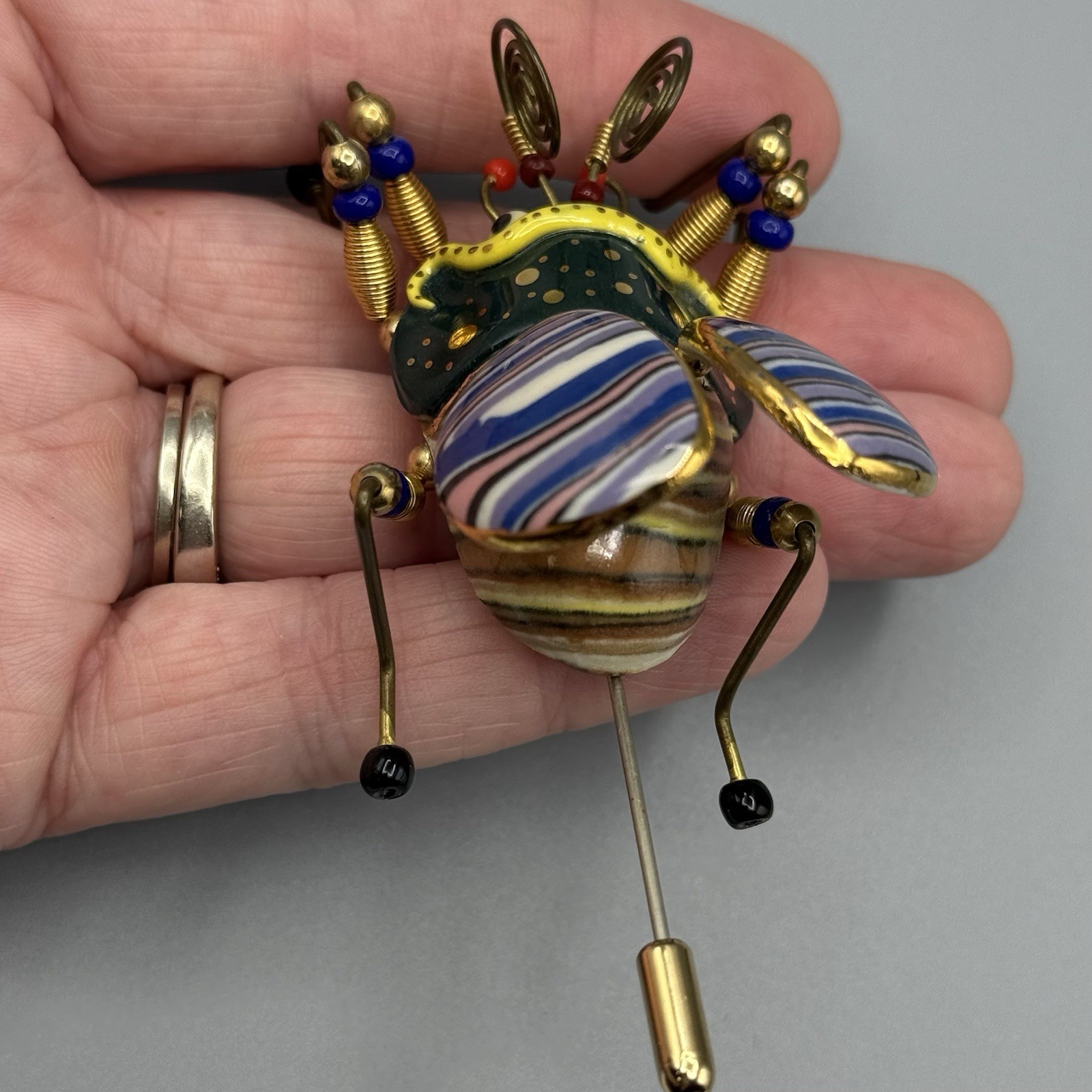 Cynthia Chuang Jewelry 10 Bee Beetle Pin 3″ Porcelain Glass Metal Whimsy Unique