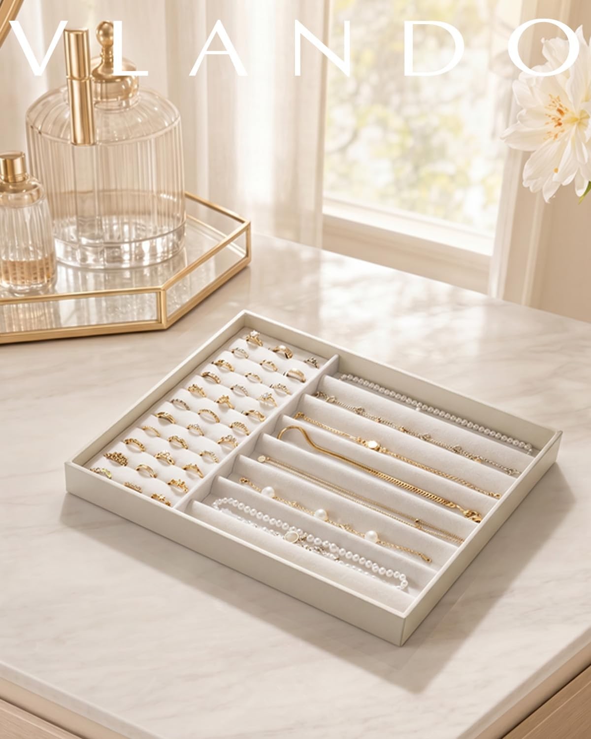 Stackable Jewelry Tray, Drawer Organizer for Rings Necklaces,Beige