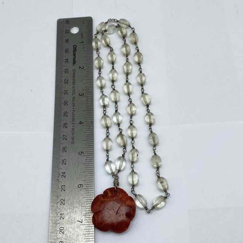 Vintage 900 Silver Carved Coral Rose Pendant Clear Bead Necklace 24″ 42.8g