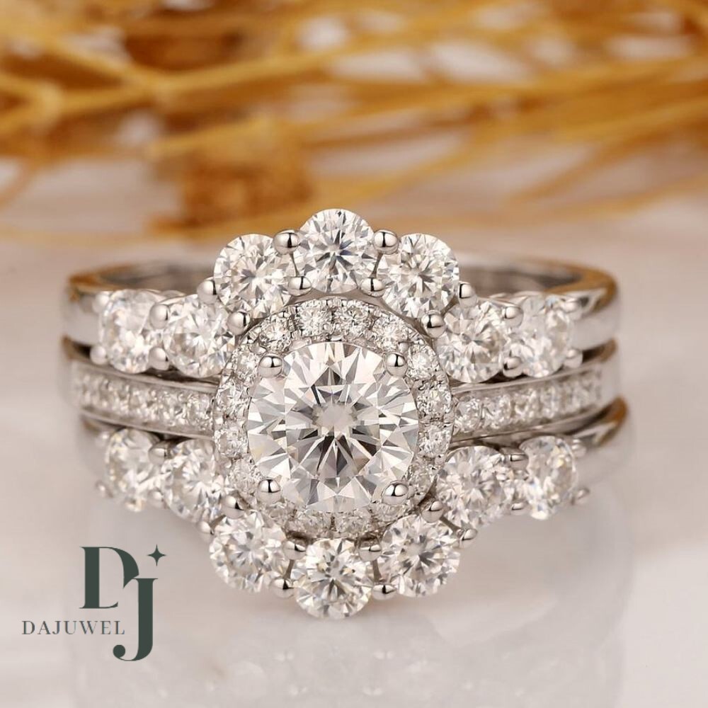 3.50 Ct Round Cut White Moissanite Trio Set Engagement Ring Solid 14K White Gold
