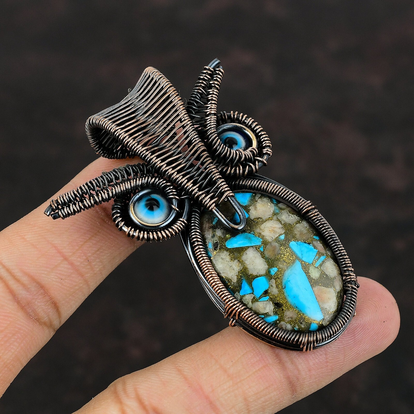 Pink Opal Turquoise Copper Gift For Briedsmaid Wire Wrapped Owl Pendant 2.6″