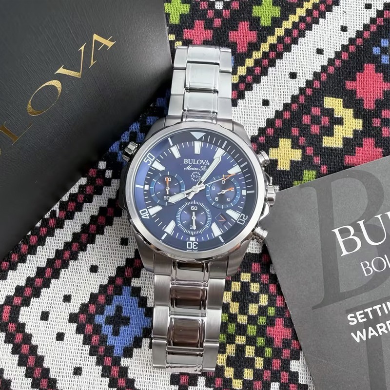 Bulova Classic Marine Star Men’s 96B256 Blue Dial Silver Steel Quartz Watch 43mm