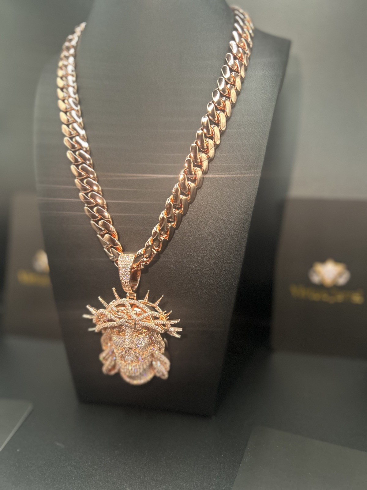 14mm Miami Cuban Link Rose Gold Plated Chain with Jesus Pendant Charm