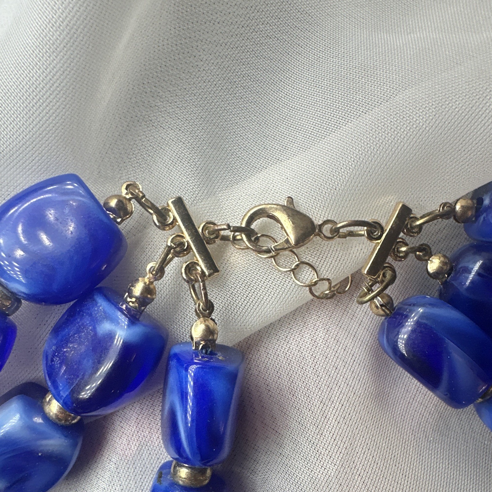 Blue Glass Beaded Multi-Strand Necklace, Silver Tone, Adjustable Lobster Clasp