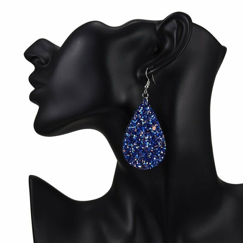 Fashion Jewelry Blue Glitter Faux Leather Fabric Teardrop Hook Dangle Earrings