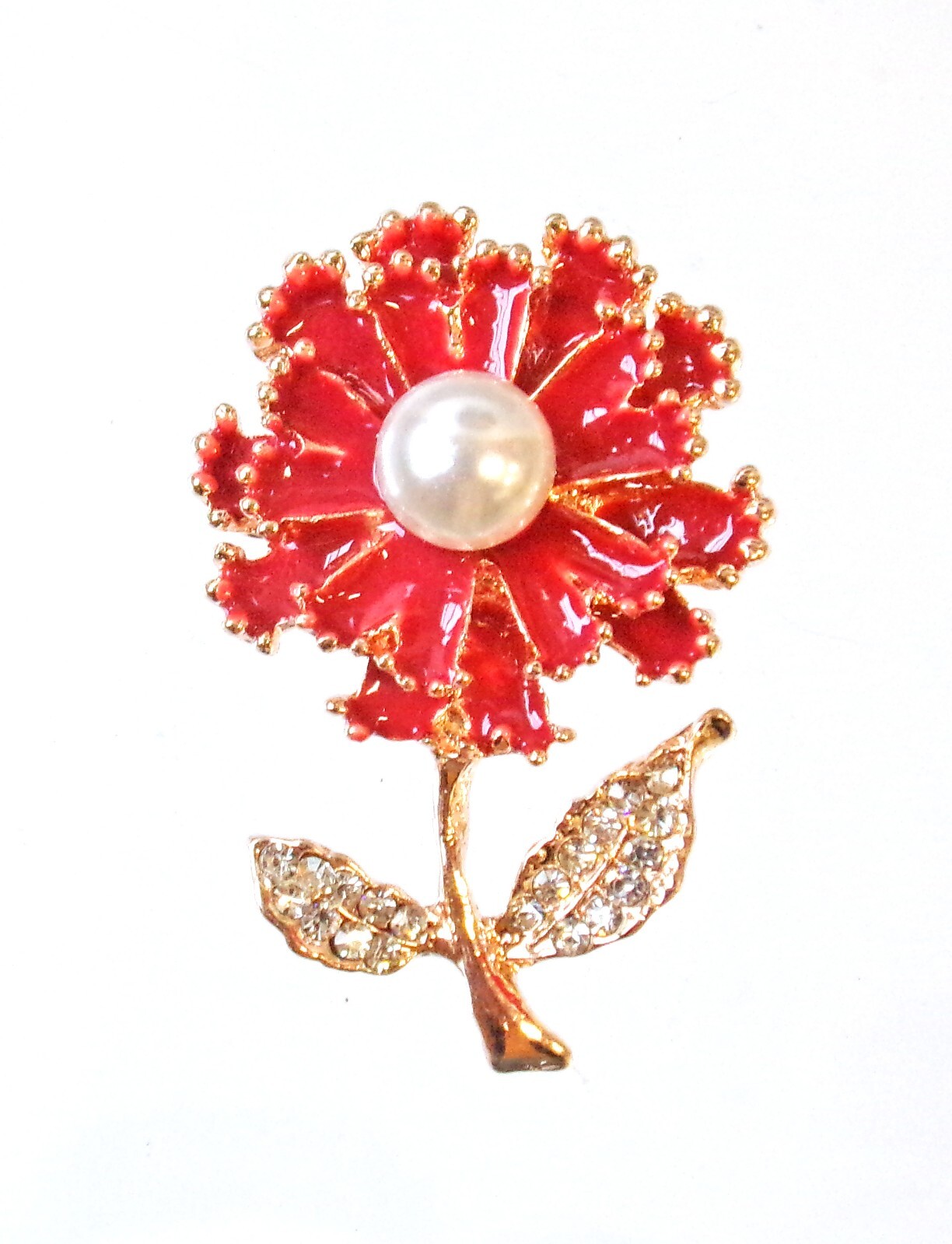 Red flower brooch pin with white pearl and clear crystals on a gold stem New