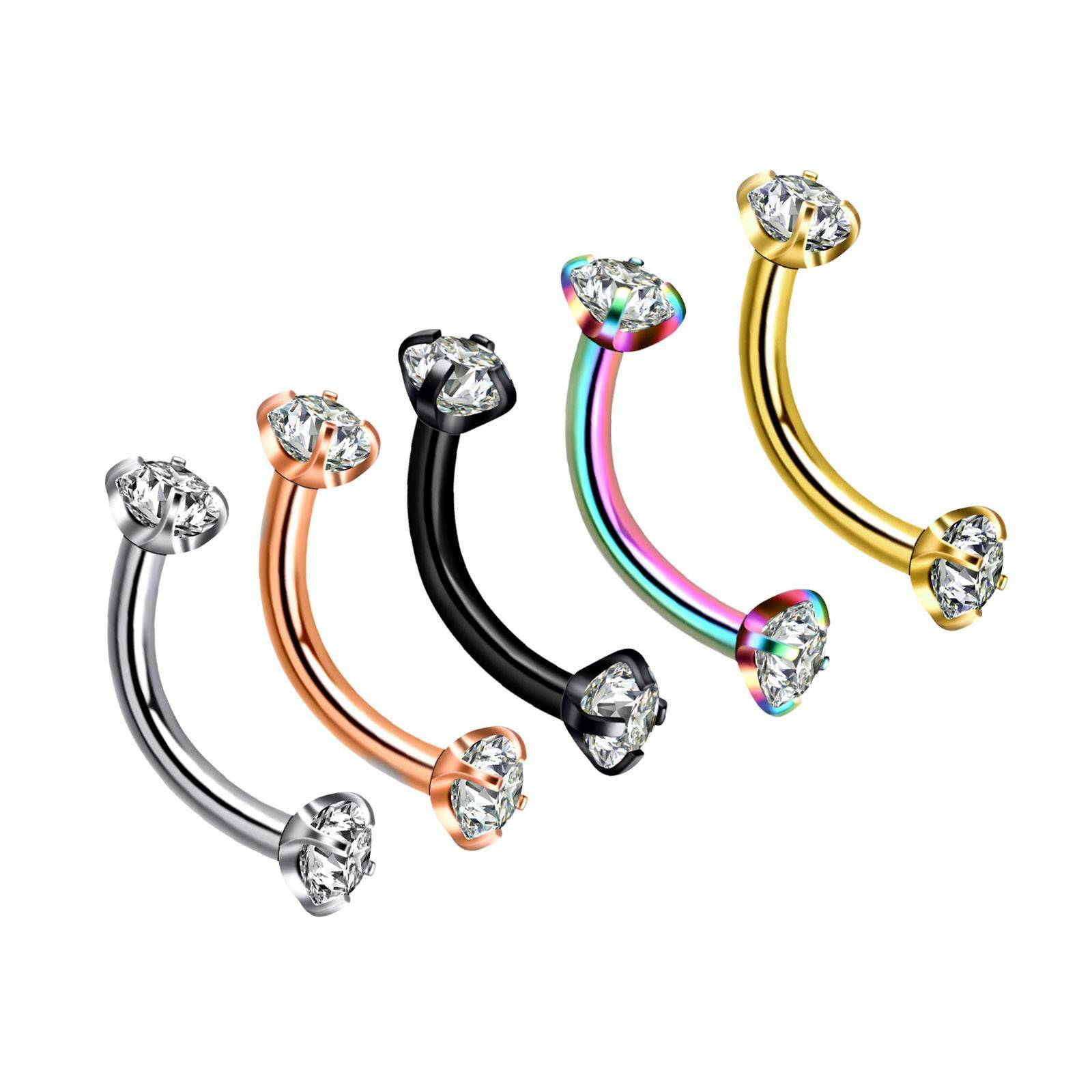 5Pc CZ Gem Eyebrow Stud Piercing Tragus Rook Curved Barbell Lip Ring Jewelry 16G