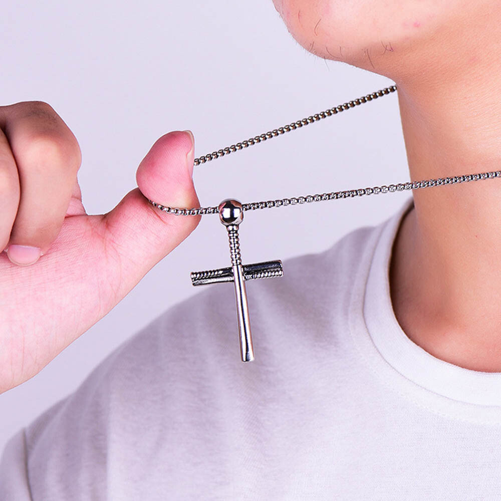 Baseball Bat Sports Cross Pendant Necklace Stainless Steel Black Silver Gold 24″