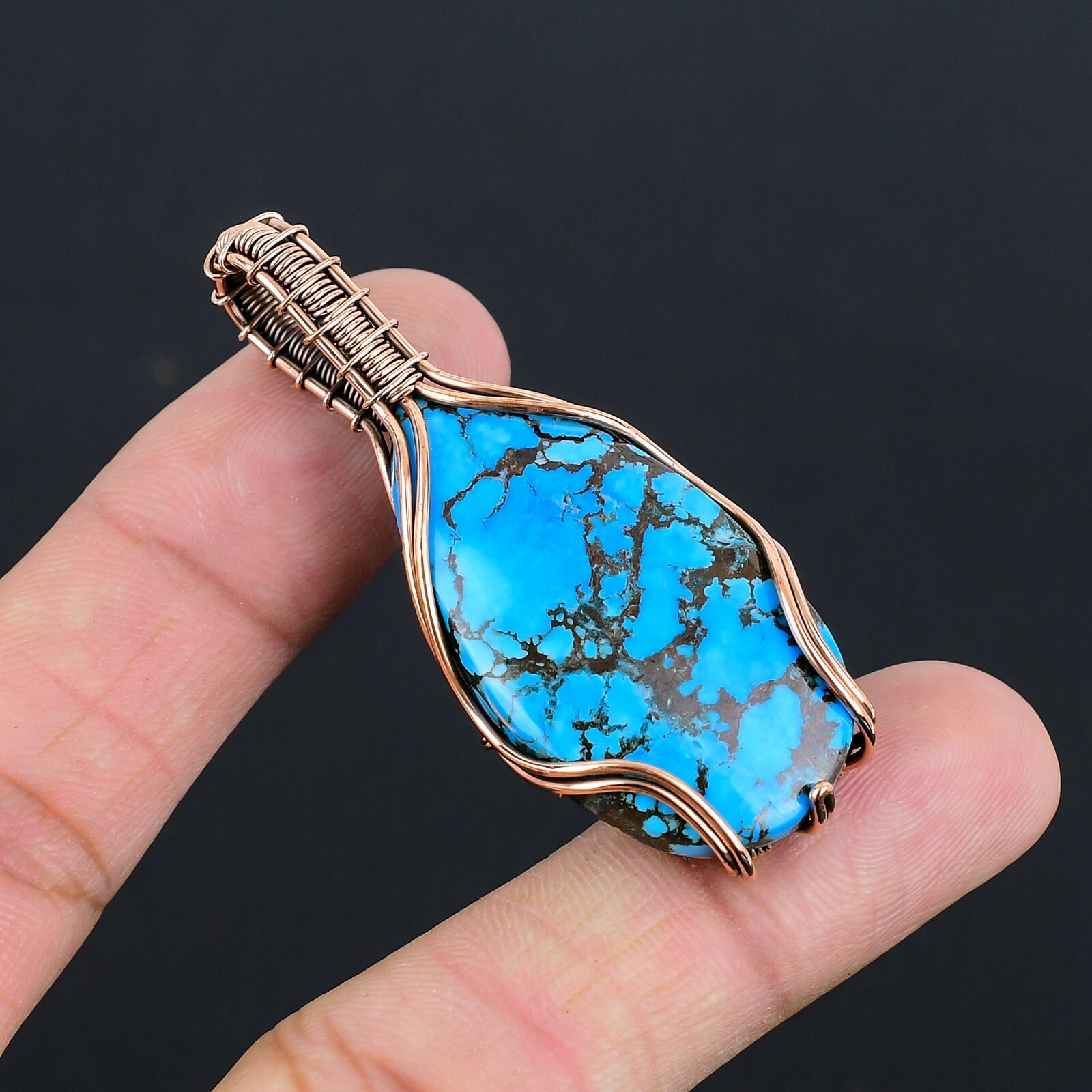 Blue Turquoise Gemstone Copper Wire Wrapped Women Gift Pendant Jewelry LC-318