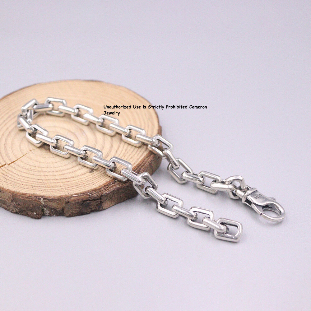 Solid S925 Sterling Silver Chain 6.5mm Square O Link Bracelet 26-27g 8.26inch