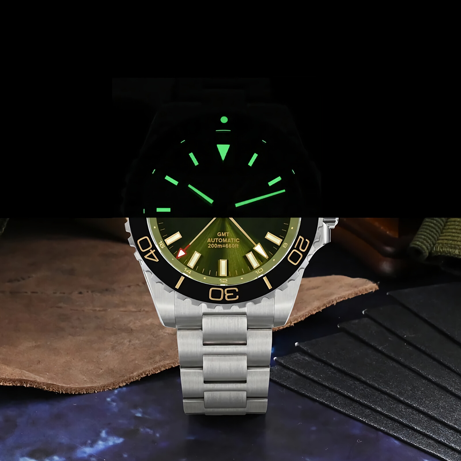 SAN MARTIN SN0136-G GMT Automatic Enamel Dial Stainless Steel 39mm Diver Watch