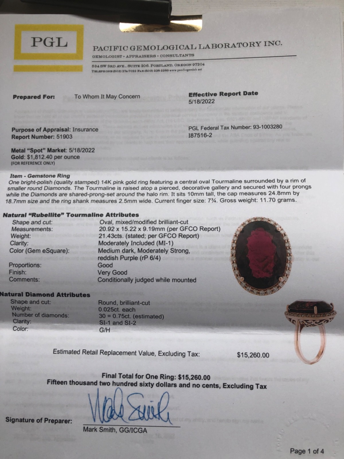 14K Pink Gold Large 21.43 ct. Rubellite Ring Diamond Halo .75 ct . T.W.11.70 grm