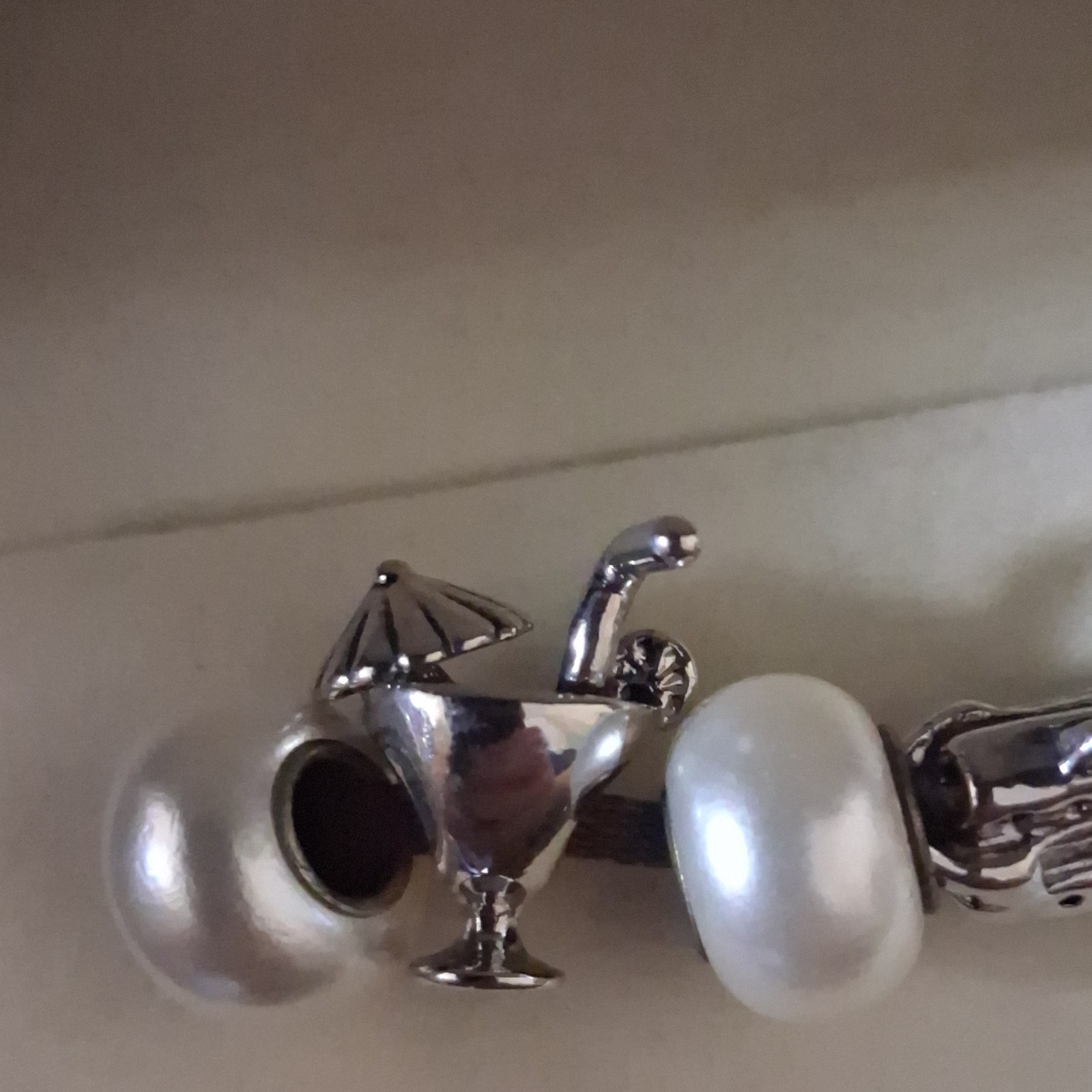 Bella Perlina Silver Tone Beaded Charm Bracelet w/ White Round Pearl Beads