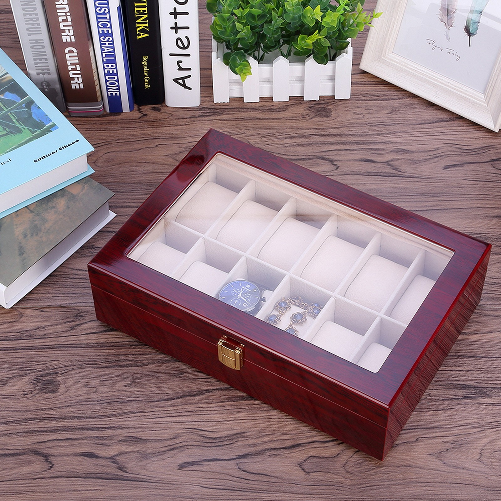 3/6/10/12 Slot Wooden Watch Box Glass Lid Jewelry Organizer Display Case Gift