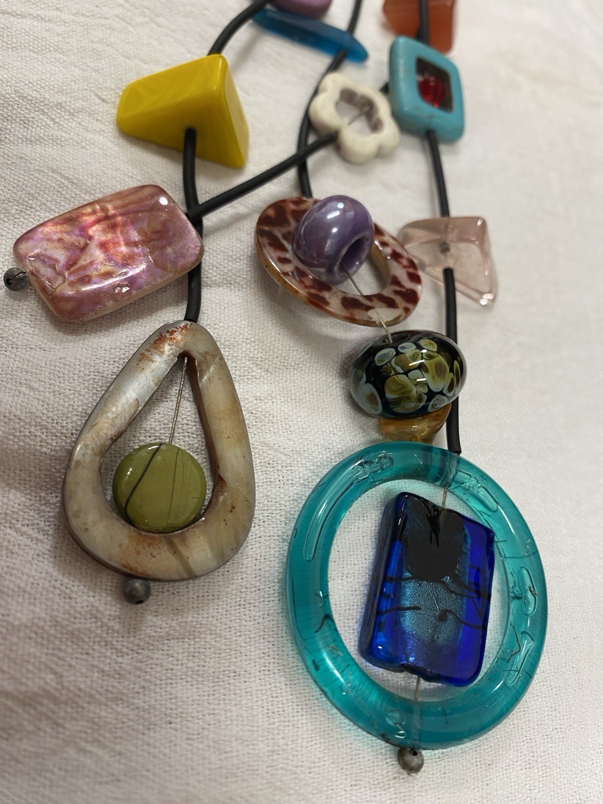 Vintage OOAK Artisan Mixed Media Art Glass Statement Necklace Wearable Art 39”