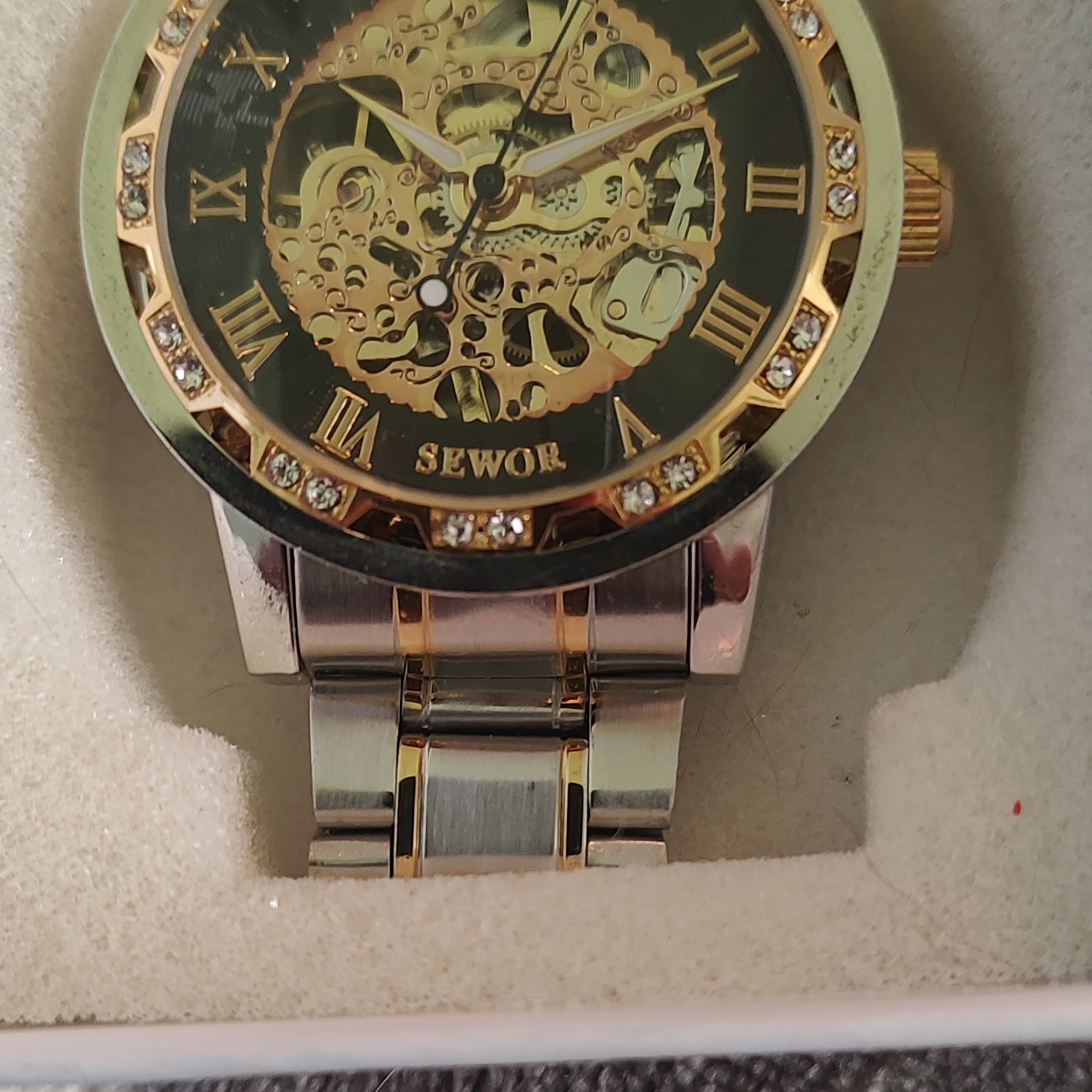 SEWOR Automatic Skeleton Dial Roman Numerals Two-Tone Metal Bracelet w/ Box