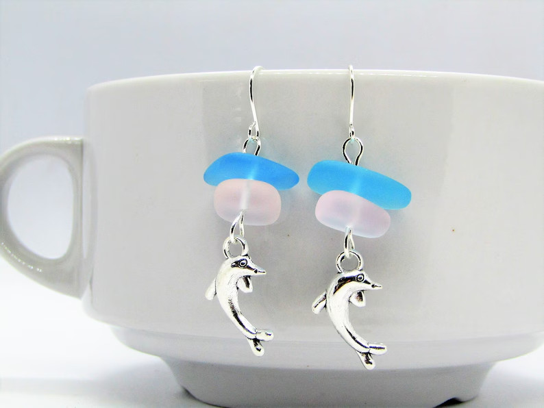 Dolphin Earrings Silver Charm Seaglass Jewelry Gift For Her