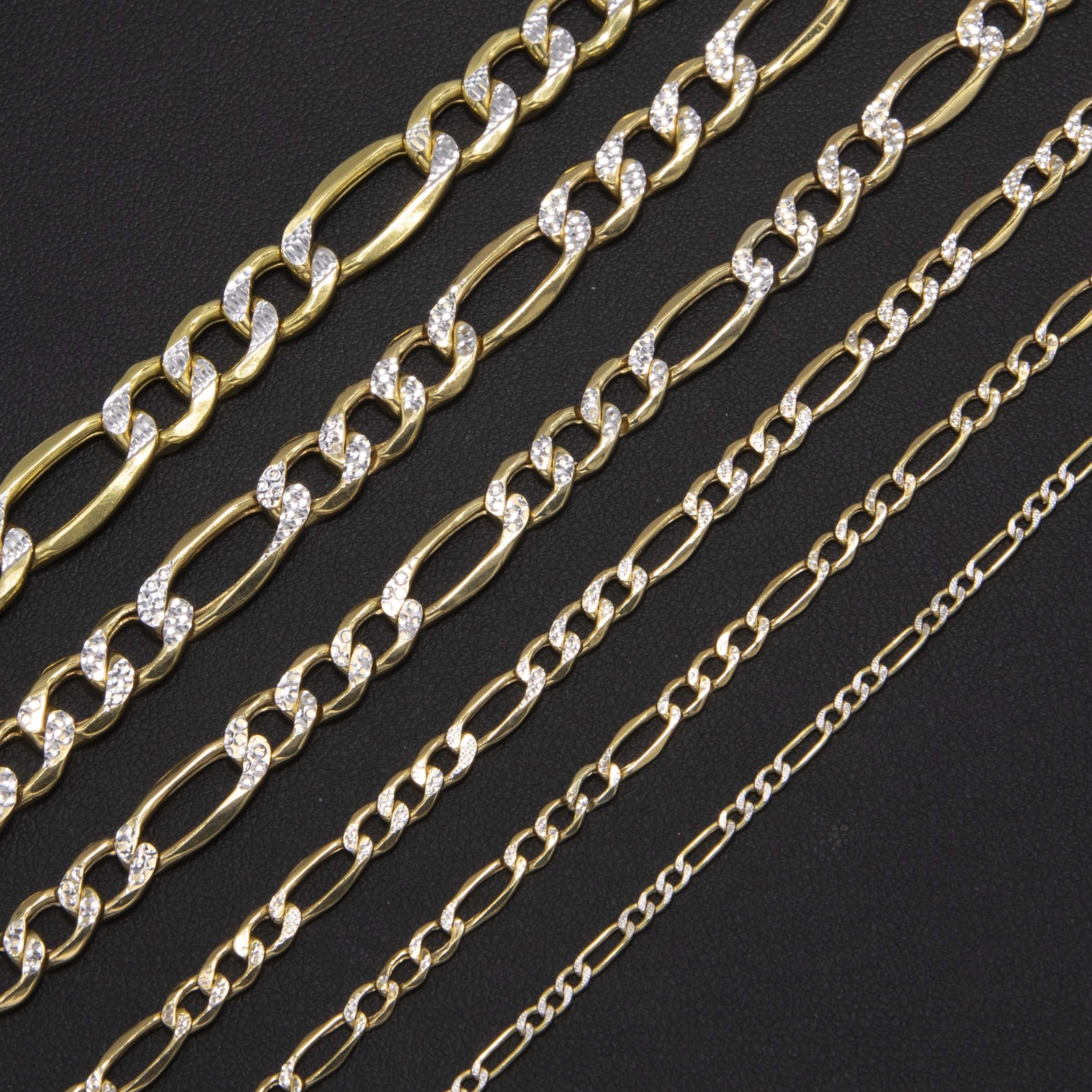 10K Yellow White Gold Diamond-Cut Figaro Link Chain Bracelet All Sizes