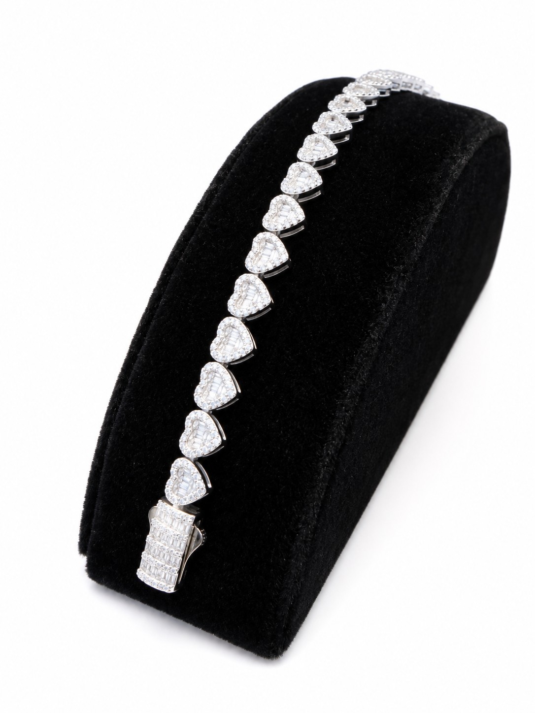 925 Sterling Silver Heart Tennis Bracelet Baguette Round CZ 6.4mm 13.5g