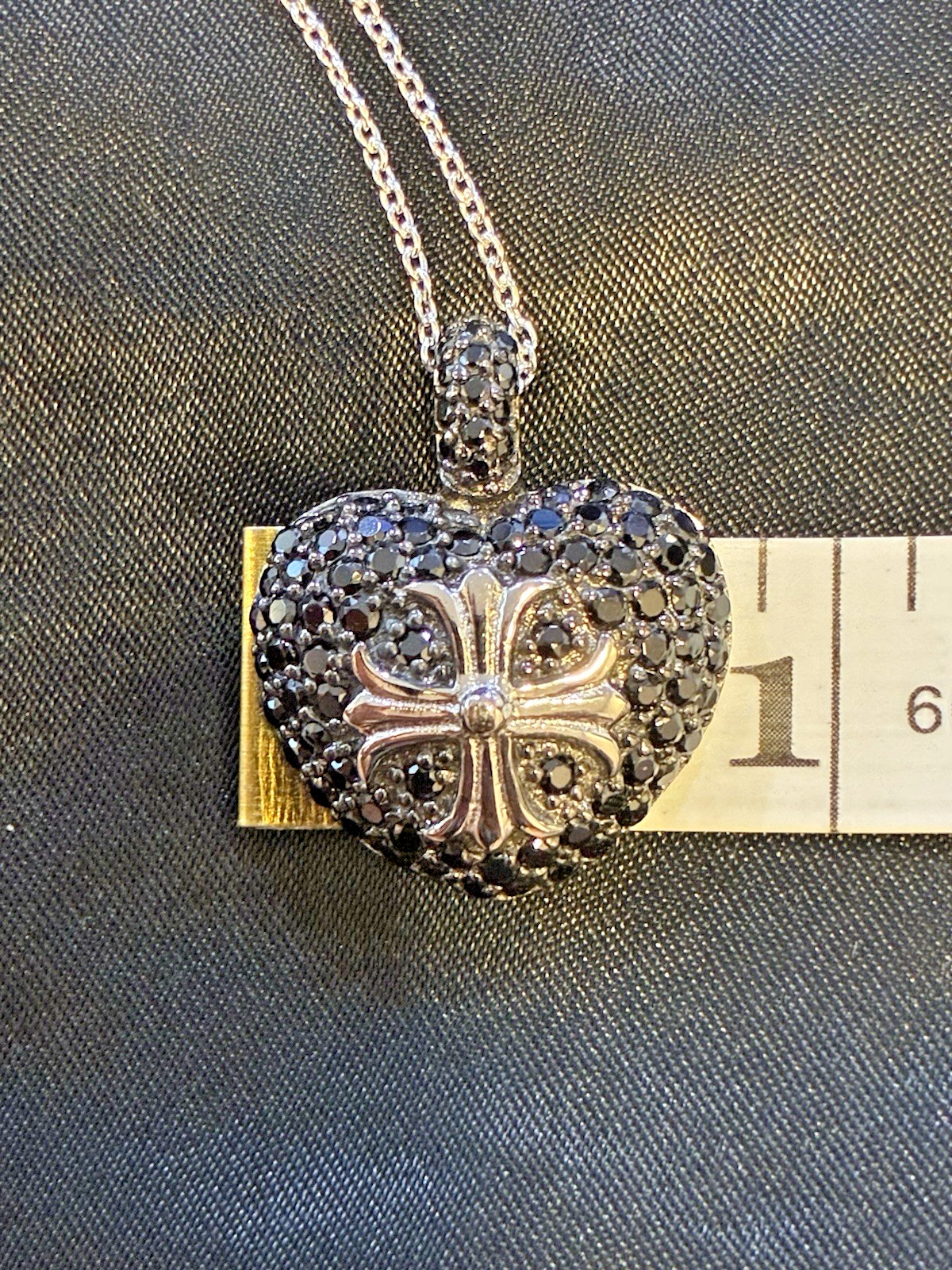 925 Sterling Silver Rhodium Black CZ Heart Cross Pendant Necklace 16″ + 2″