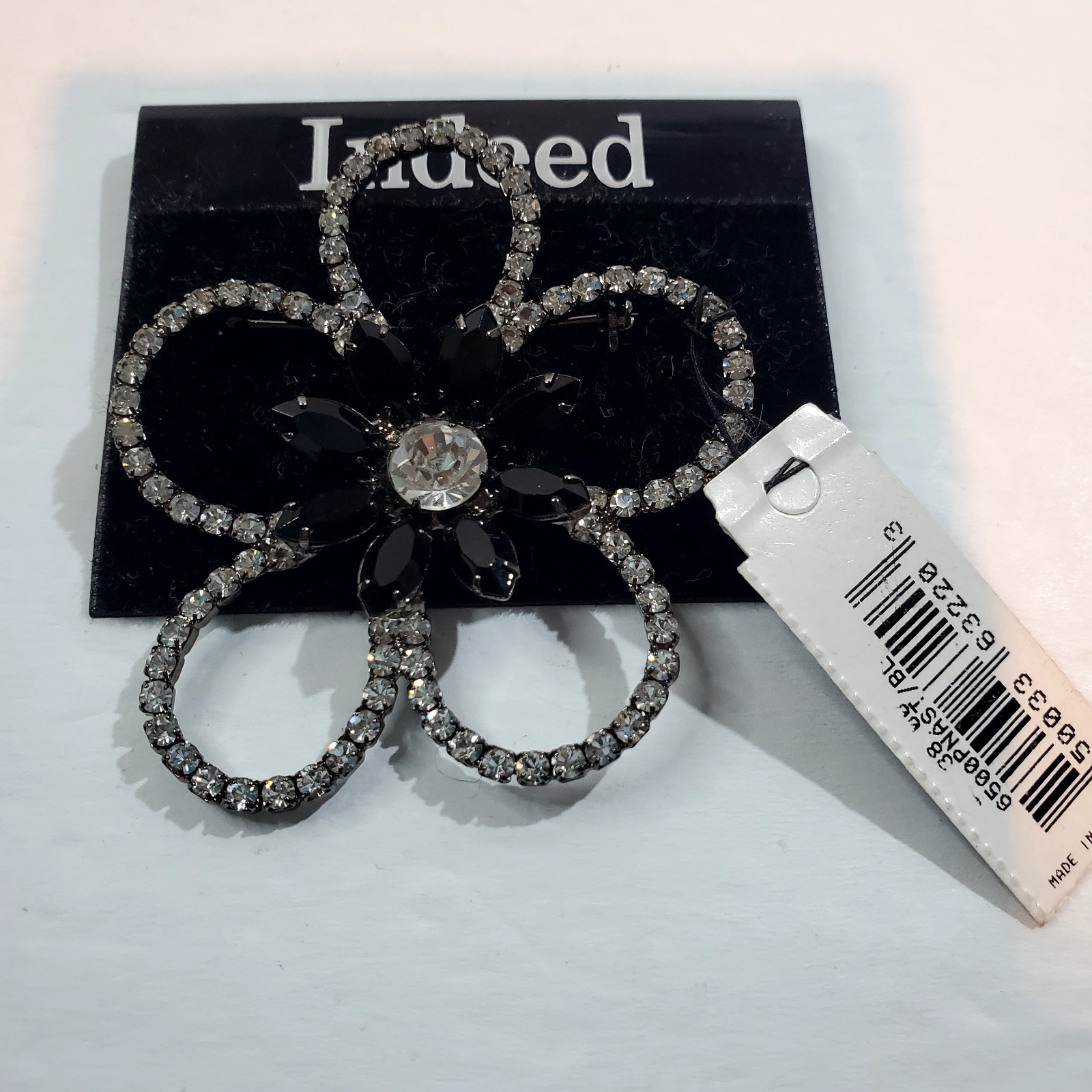Indeed Clear & Black Rhinestone Outlined Flower Floral Brooch Pin MSRP $38