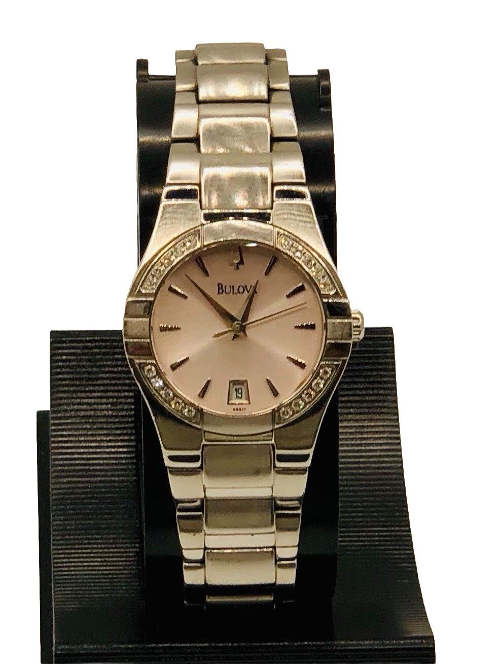 Bulova Light Pink Dial, Diamond Accent Bezel, Women’s Watch (Model 96R17) ~ 🔋✅