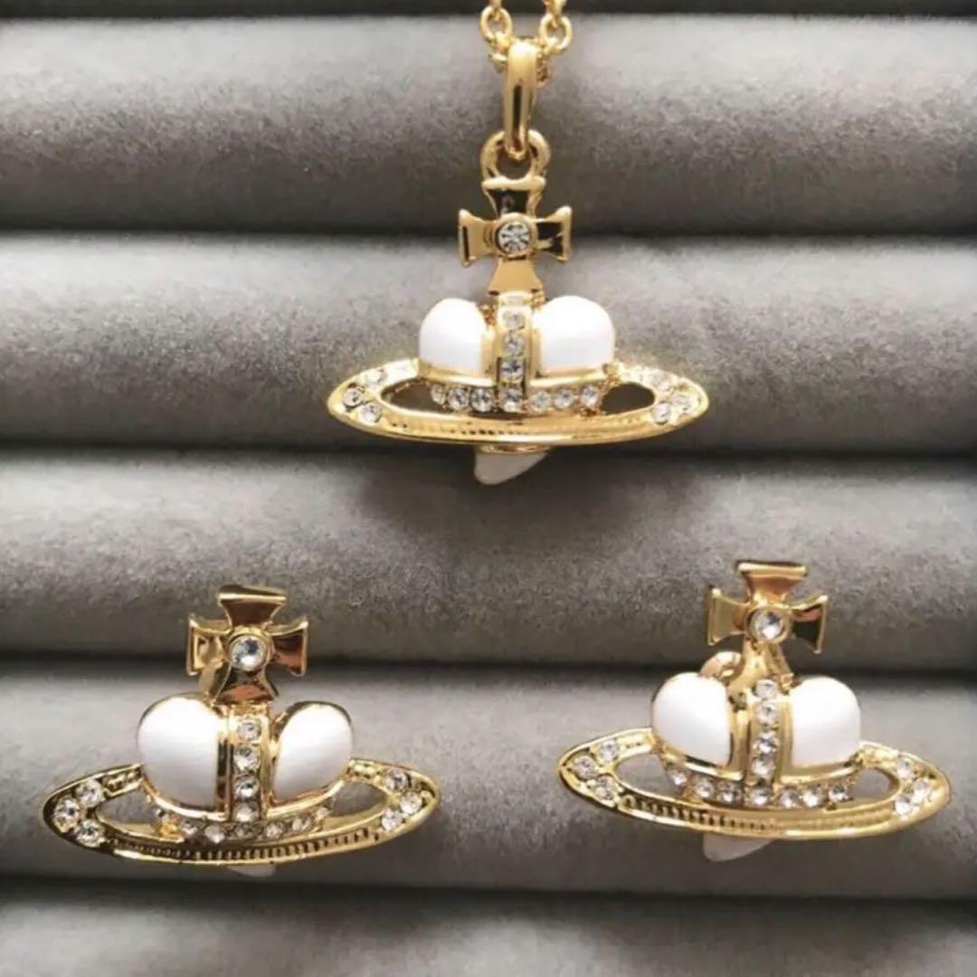 Vivienne Westwood Diamante Heart Necklace Earrings Set White Gold NO BOX [EJ509
