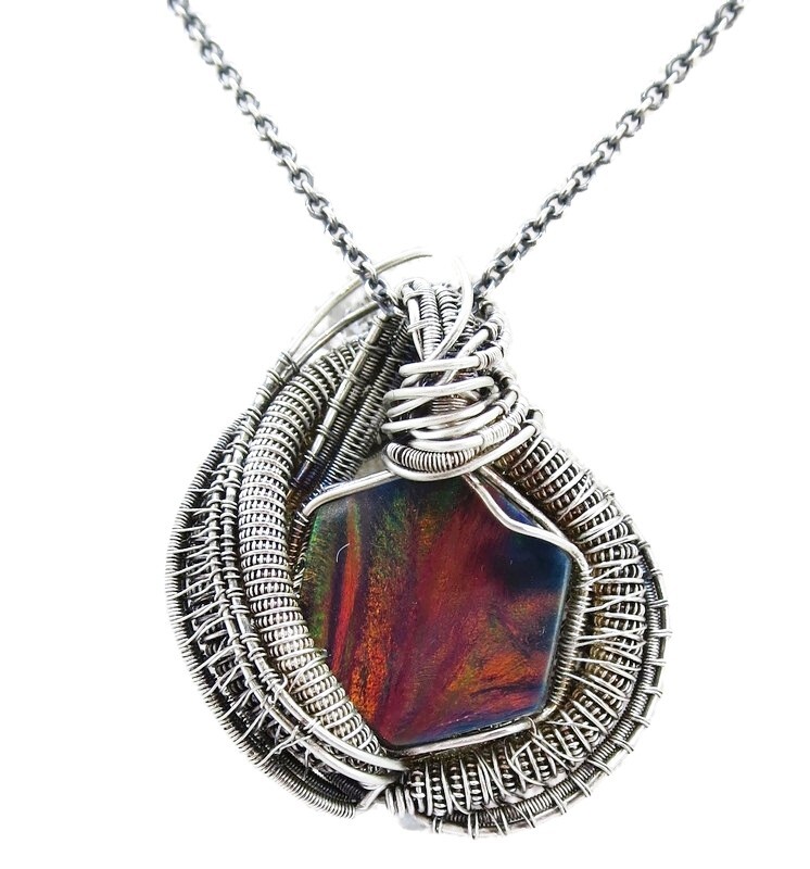 Aurora Opal Wire-Wrapped Pendant in Sterling Silver with Herkimer Diamonds