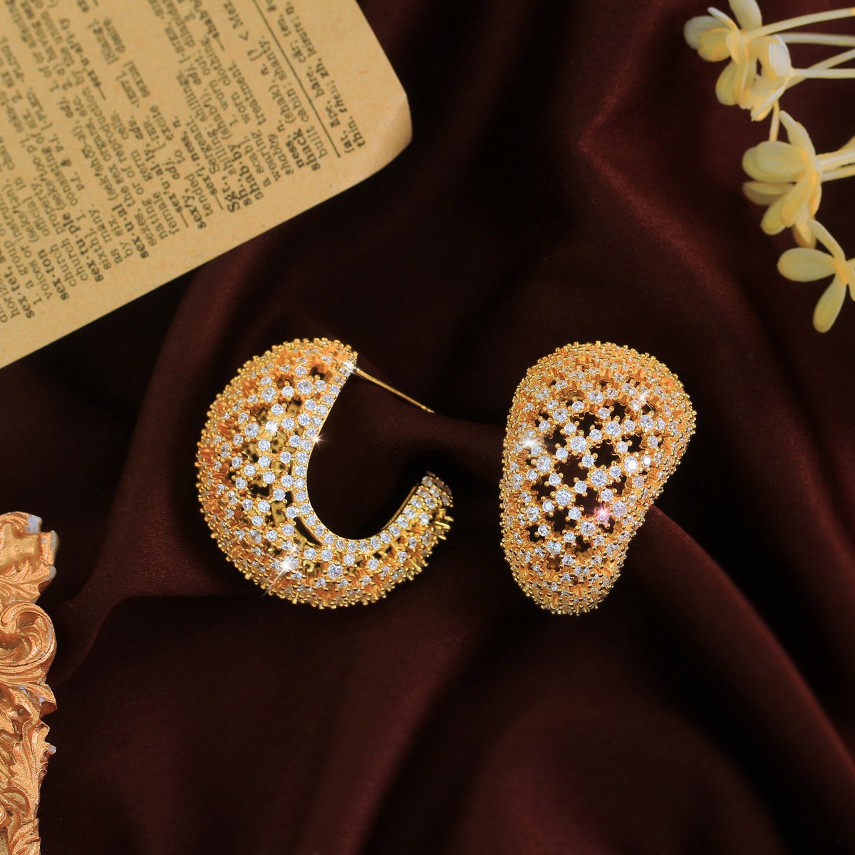Luxurious Gold Plated Cubic Zirconia Curved Drop Hoop Earrings for Women Wedding