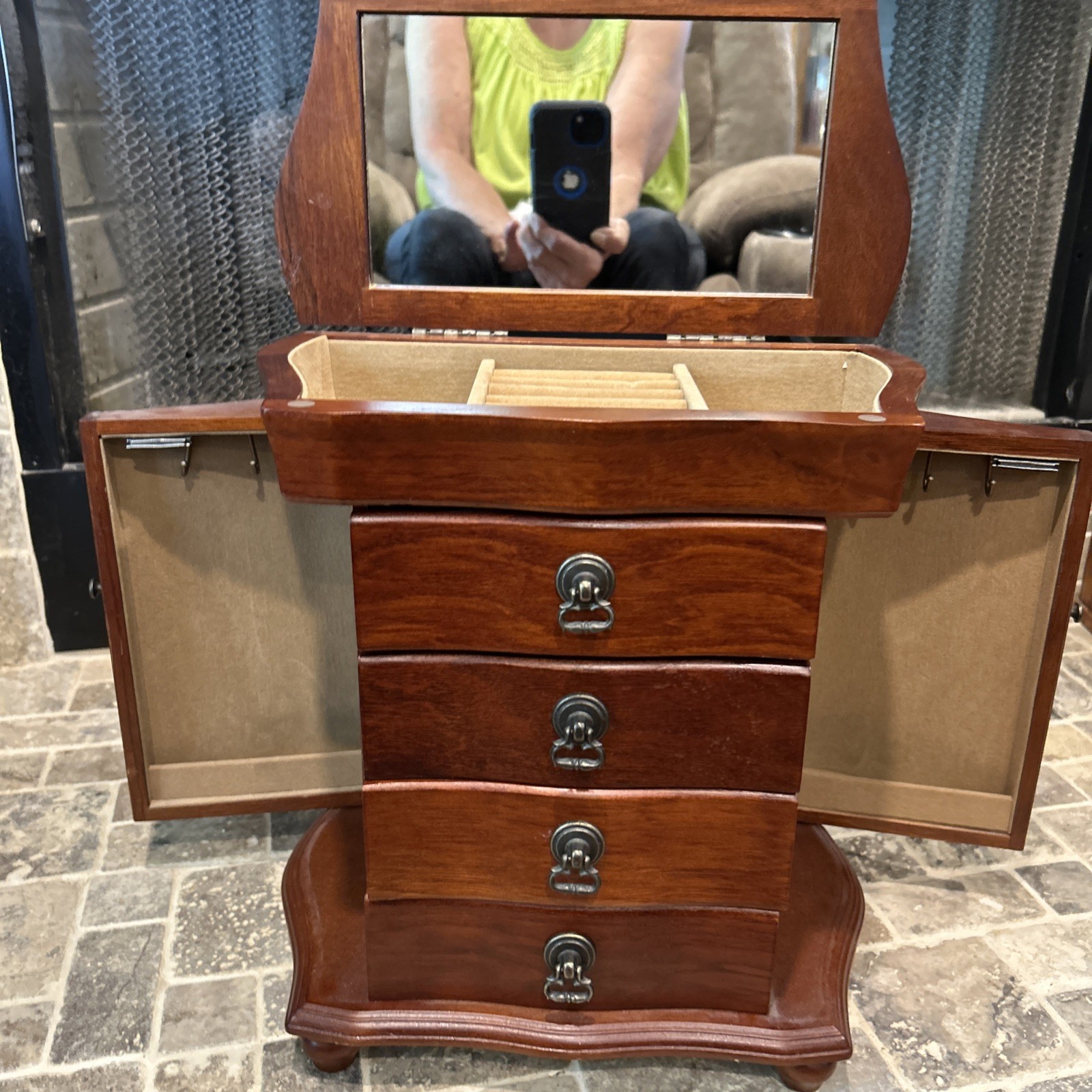 Vintage Solid Wood Jewelry Cabinet – Table Top Armoire 14”x13”x7”